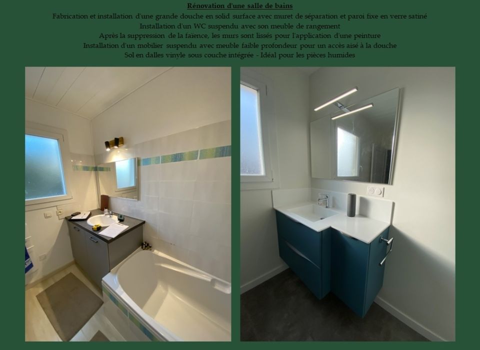 AVANT / APRES : Suppression de la baignoire et réagencement de cette pièce pour l'installation d'une douche et d'un WC suspendu - Ardèche