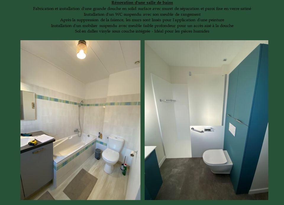 AVANT / APRES : Suppression de la baignoire et réagencement de cette pièce pour l'installation d'une douche et d'un WC suspendu - Ardèche