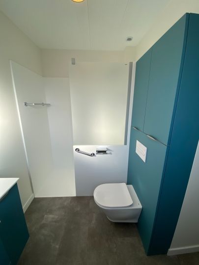 Le muret en solid surface permet la pose d'accessoires côté WC et d'une paroi vitrée satinée - Ardèche